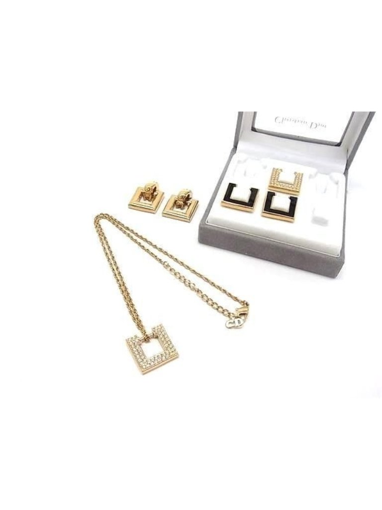 Dior Pendant Change Necklace Earrings Set Gold Metal Rhinestone Square